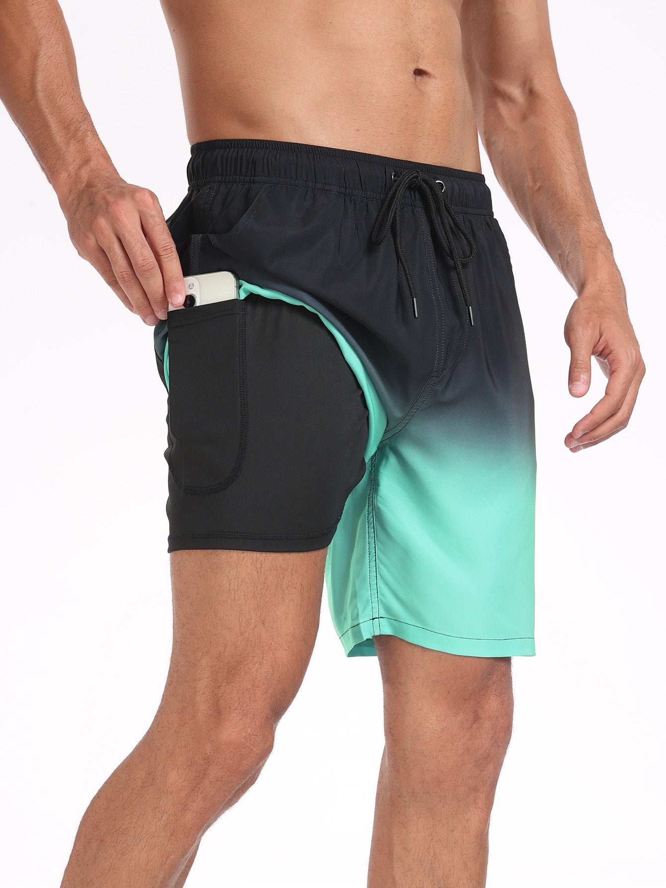 2 In 1 Drawstring Beach Swim Shorts With Pocket