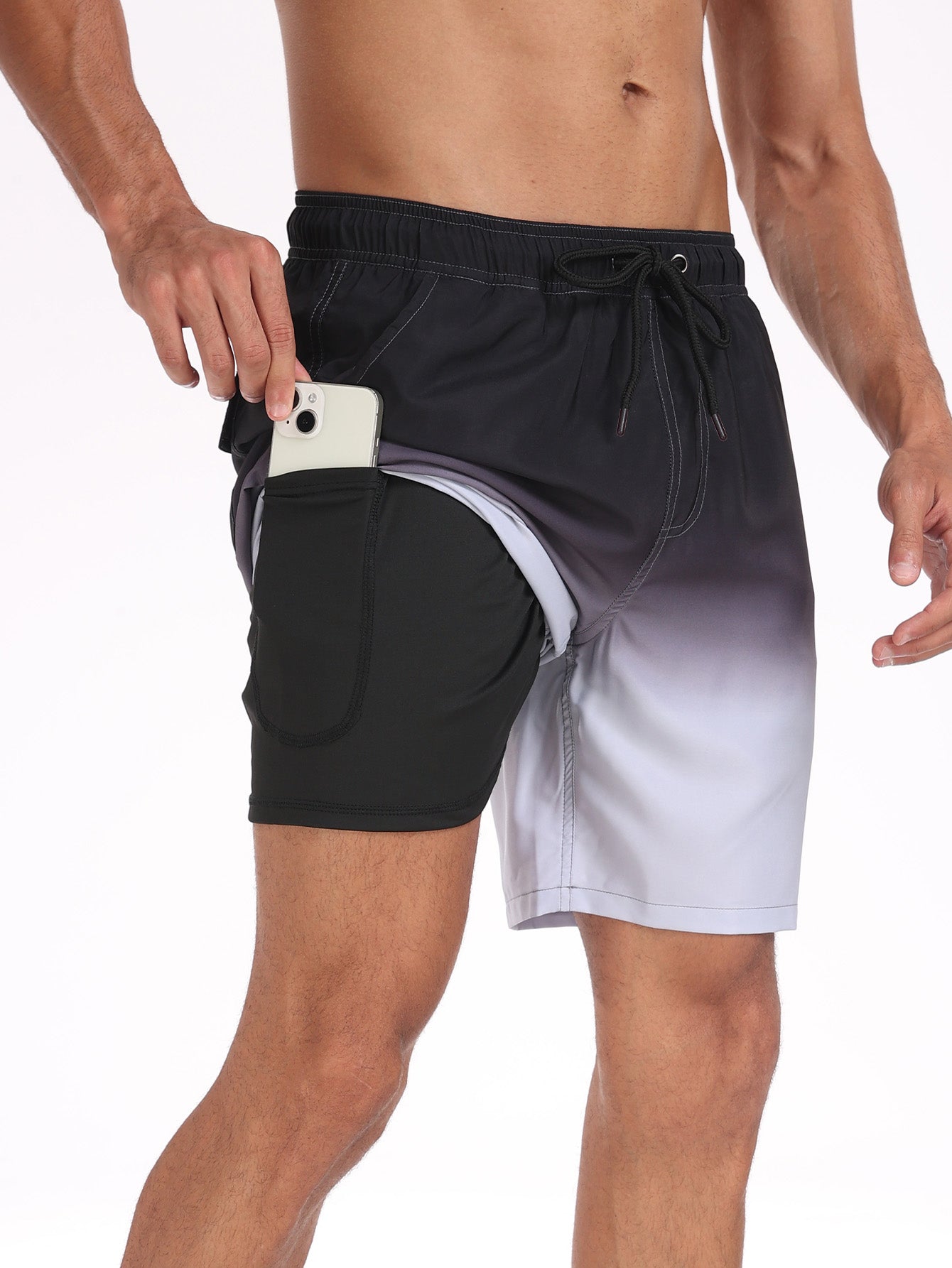 2 In 1 Drawstring Beach Swim Shorts With Pocket