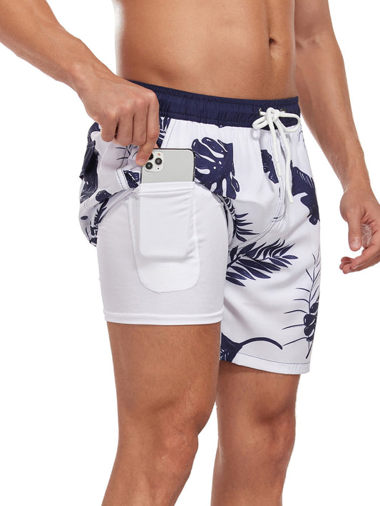 2 In 1 Tropical Leaves Print Swim Shorts