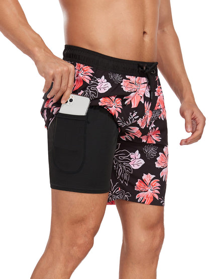 2 In 1 Tropical Flower Print Pocket Drawstring Swim Shorts