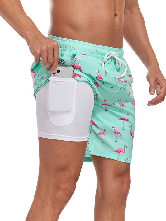 2 In 1 Flamingo Print Pocket Drawstring Swim Shorts