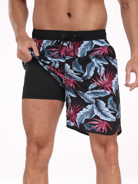 2 In 1  Leaf Print Swim Shorts