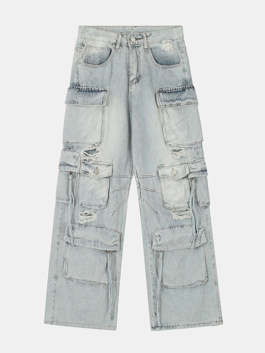 Washed Distressed Baggy Denim Cargo Pants