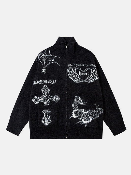 Gothic Cross Print Zip-Up Knit Sweater