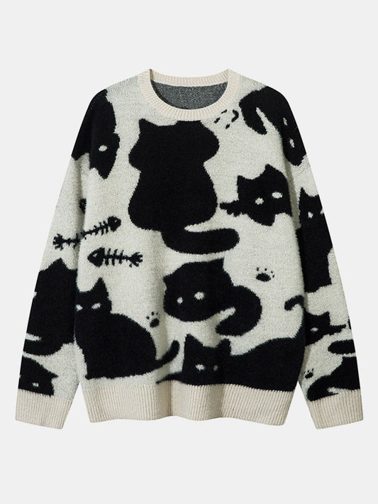 Black Cat Print Knit Sweater