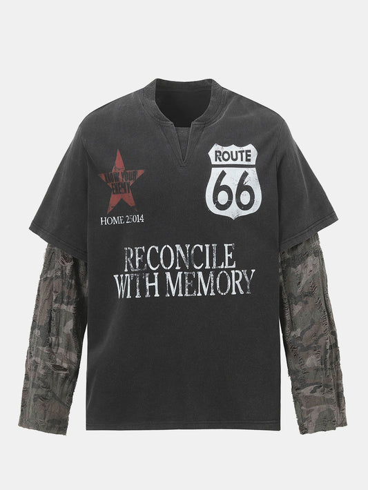 2 In 1 Slogan Print Distressed T-Shirt