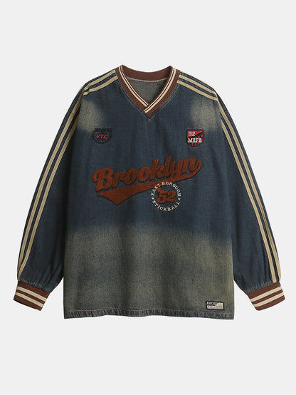Oversize Brooklyn Embroidery Washed Distressed Denim Sweatshirt