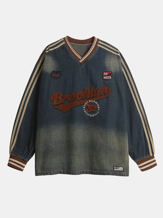 Oversize Brooklyn Embroidery Washed Distressed Denim Sweatshirt