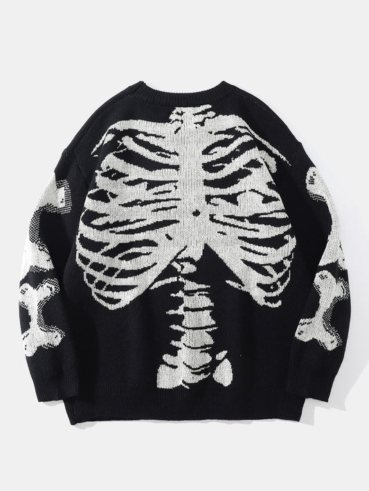 Skeleton Back Print Crew Neck Knit Sweater