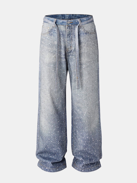 Rhinestone Washed Distressed Denim Wide-Leg Baggy Pants