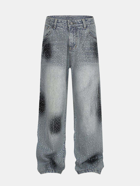 Rhinestone Washed Distressed Denim Wide-Leg Pants