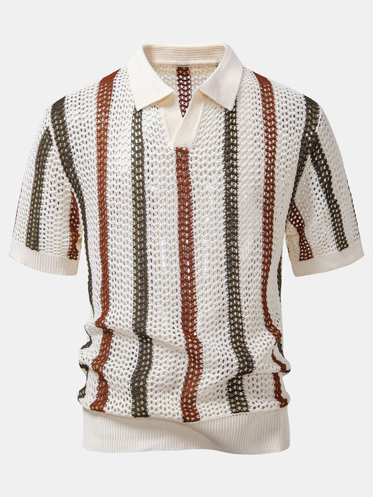Striped Crochet V Neck Polo