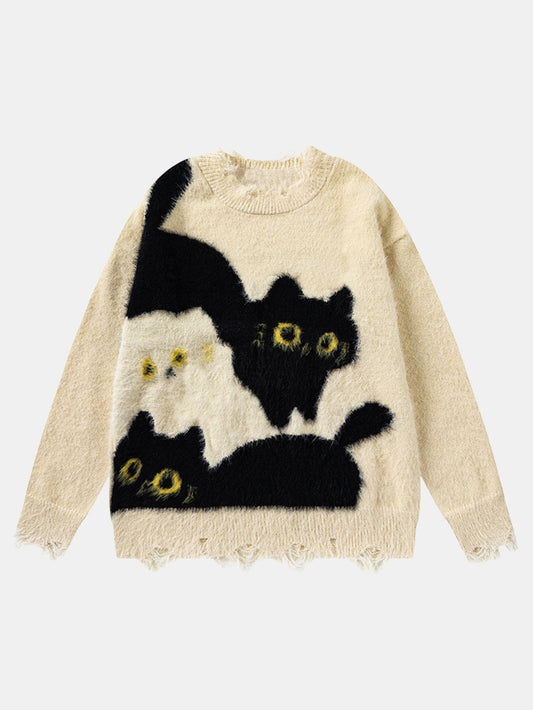 Cat Printed Distressed Knit Sweater