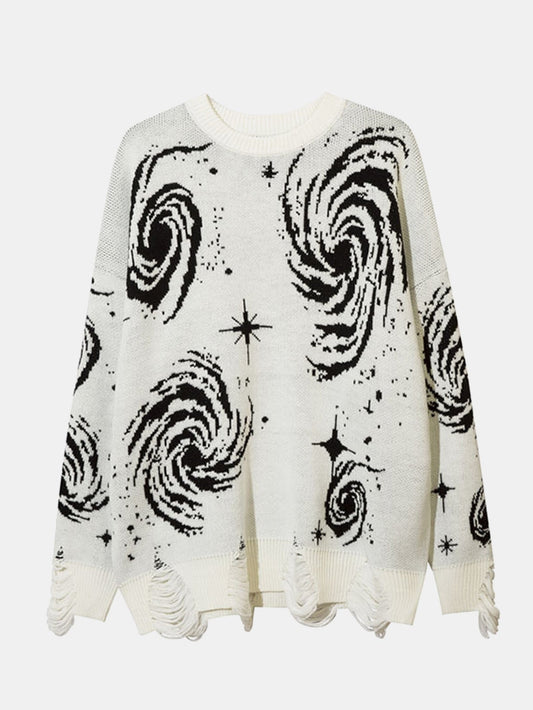 Retro Swirl Printed Distressed Knit Sweater