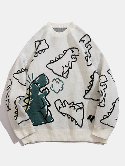 Dinosaur Print Crew Neck Knit Sweater