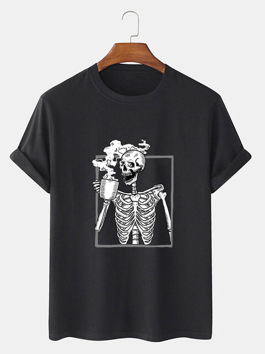 Skeleton Drinking Coffee Print T-Shirt
