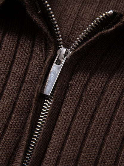 Stripe Zip Knit Ribbed Polo Shirt