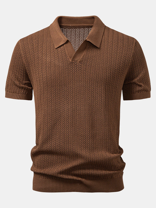 Textured Crochet V Neck Polo Shirt