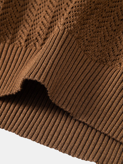 Textured Crochet V Neck Polo Shirt