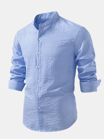 Seersucker Striped Stand Collar Shirt