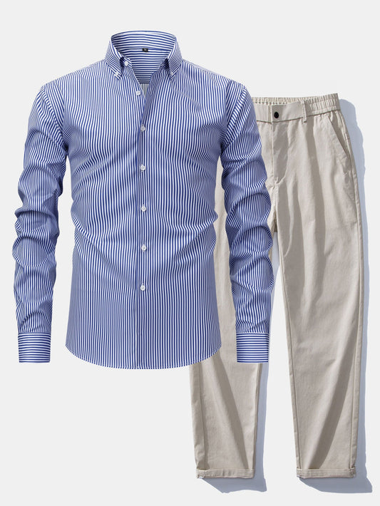 Long Sleeve Stripe Button Up Shirt & Elastic Waist Straight Leg Trousers