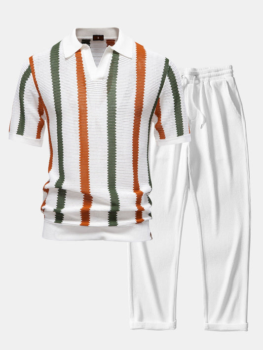 Stripe Knit V Neck Polo Shirt & Straight Leg Ribbed Pants