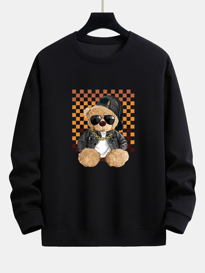 Chessboard Hip Hop Bear Print Relax Fit Sweatshirt