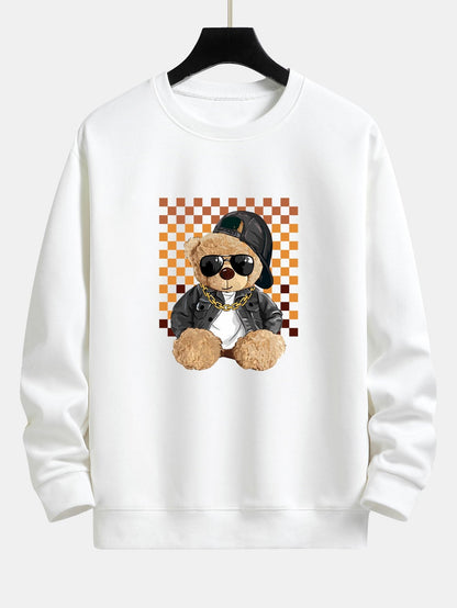 Chessboard Hip Hop Bear Print Relax Fit Sweatshirt