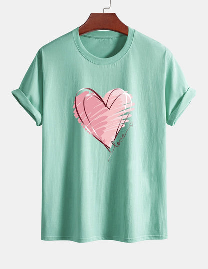 Regular Fit Doodle Heart Print Cotton T-Shirt