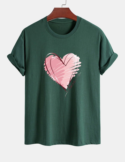 Regular Fit Doodle Heart Print Cotton T-Shirt