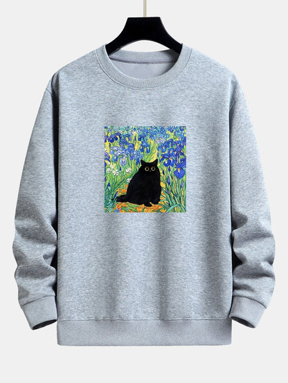 Painting Black Cat Print Relax Fit Sweatshirt