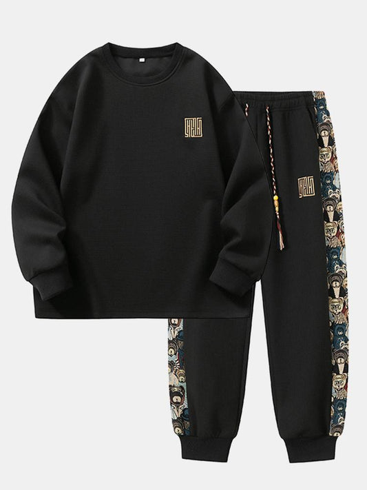 Relax Fit Long Sleeved Waffle T-Shirt & Bear Embroidery Waffle Jogging Pants
