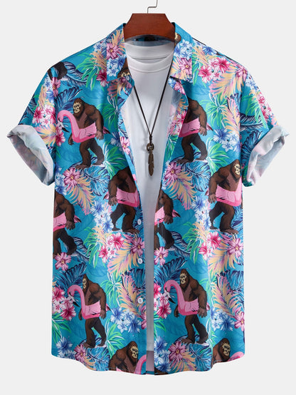 Tropical Plants And Orangutan Print Button Up Shirt