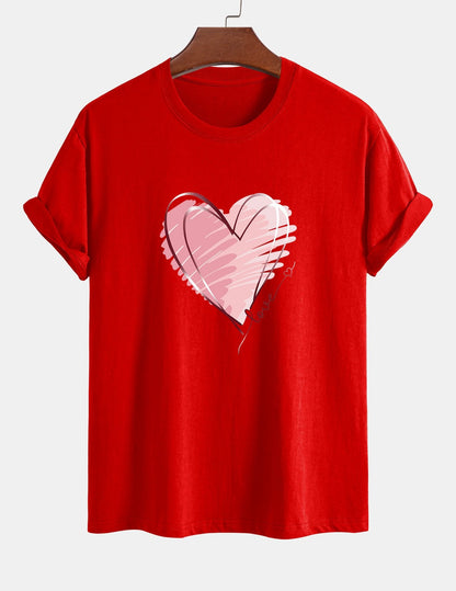 Regular Fit Doodle Heart Print Cotton T-Shirt