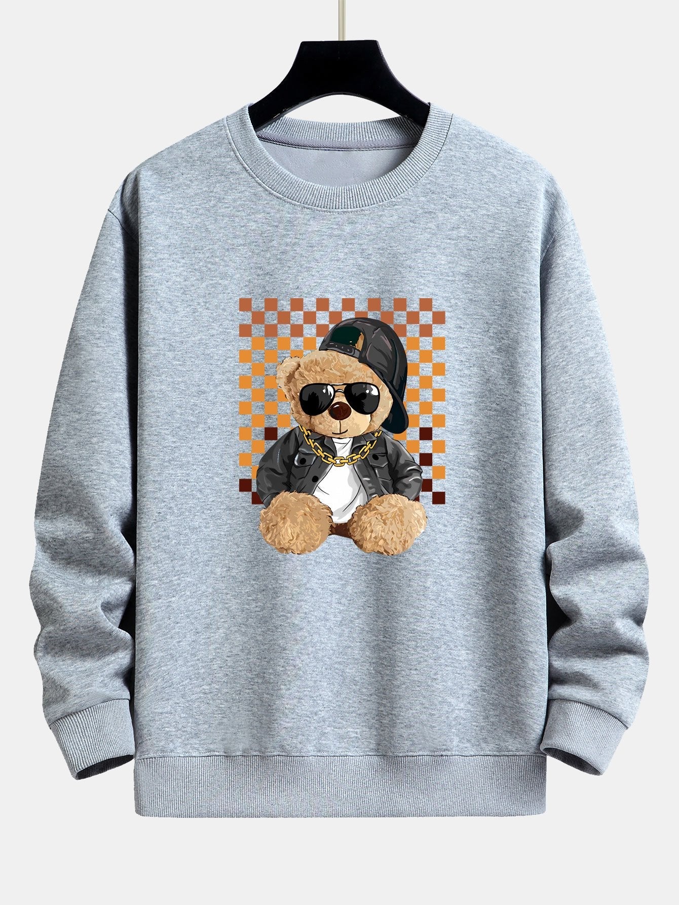 Chessboard Hip Hop Bear Print Relax Fit Sweatshirt