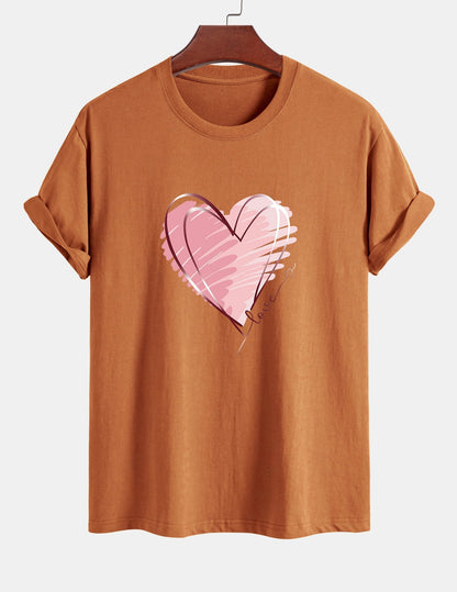 Regular Fit Doodle Heart Print Cotton T-Shirt