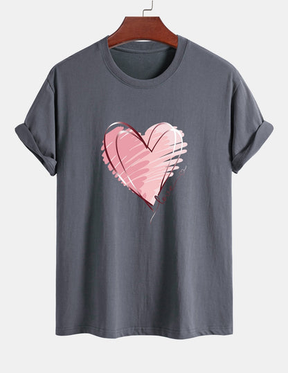 Regular Fit Doodle Heart Print Cotton T-Shirt