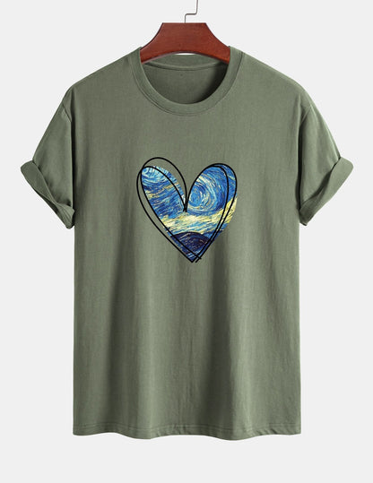 Regular Fit Starry Sky Heart Print Cotton T-Shirt