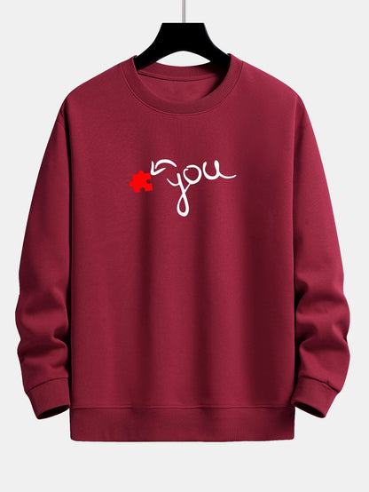 Puzzle Piece Heart Couple Print Relax Fit Sweatshirt