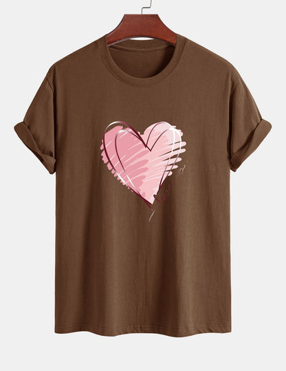 Regular Fit Doodle Heart Print Cotton T-Shirt