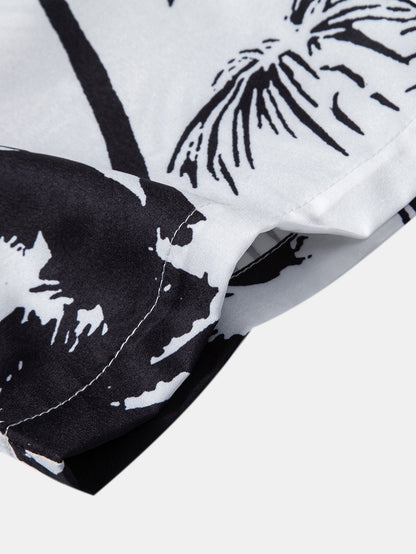 Palm Trees Print Button Up Shirt & Striped Print Swim Shorts