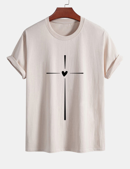 Regular Fit Cross Heart Print Cotton T-Shirt