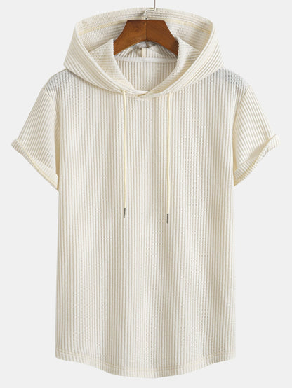 Knitted Waffle Arc Hem Hooded T-Shirt & Drawstring Waffle Shorts