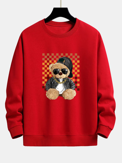 Chessboard Hip Hop Bear Print Relax Fit Sweatshirt