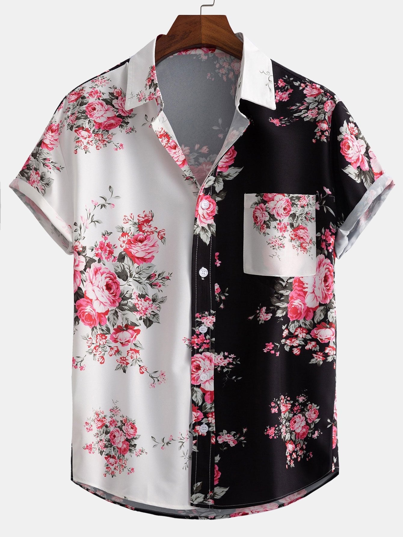 Two Tone Rose Print Button Up Shirt