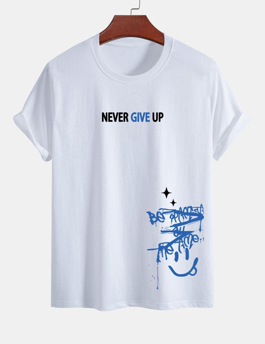 Regular Fit Never Give Up Smiley Face Print Cotton T-Shirt