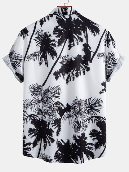 Palm Trees Print Button Up Shirt & Striped Print Swim Shorts
