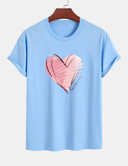 Regular Fit Doodle Heart Print Cotton T-Shirt