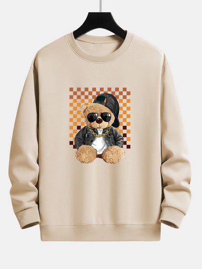 Chessboard Hip Hop Bear Print Relax Fit Sweatshirt