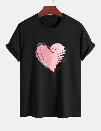 Regular Fit Doodle Heart Print Cotton T-Shirt